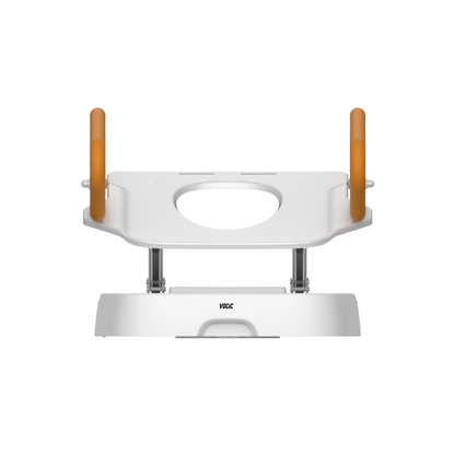 A white EasyRise Powered Toilet Seat Lifter (VOCIC AX12 Pro) featuring two brown grab handles on each side, designed for extra support and stability.