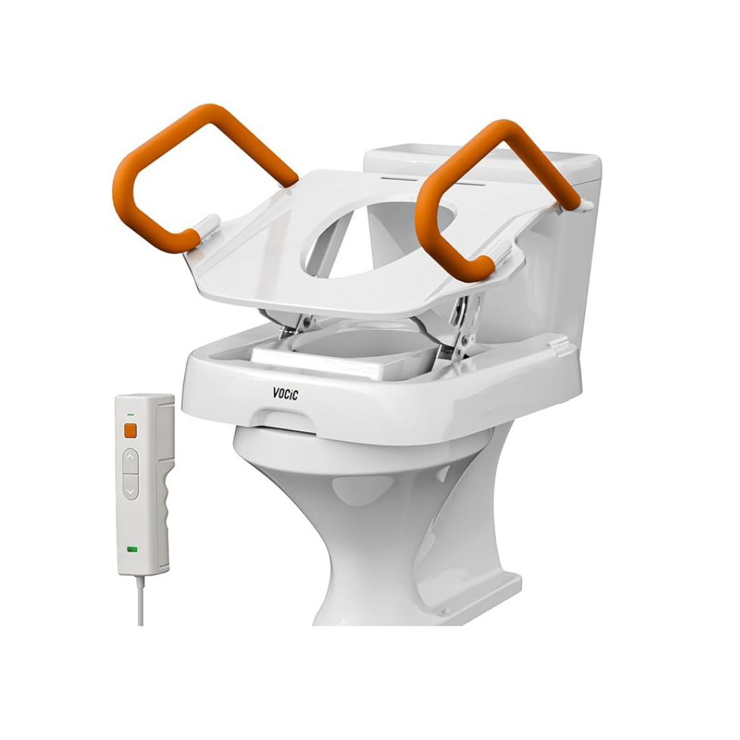 White toilet with an attached raised seat, orange support handles, and a remote control—featuring the EasyRise Powered Toilet Seat Lifter | VOCIC AX12 Pro—designed for accessibility and ease of use for individuals with mobility challenges.