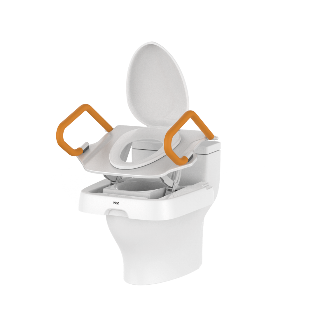 EasyRise Powered Toilet Seat Lifter | VOCIC AX12 Pro: A white toilet with the EasyRise Powered Toilet Seat Lifter attachment, featuring orange handles on both sides for added support. This attachment functions as an automated seat lift designed to enhance accessibility and ease of use.