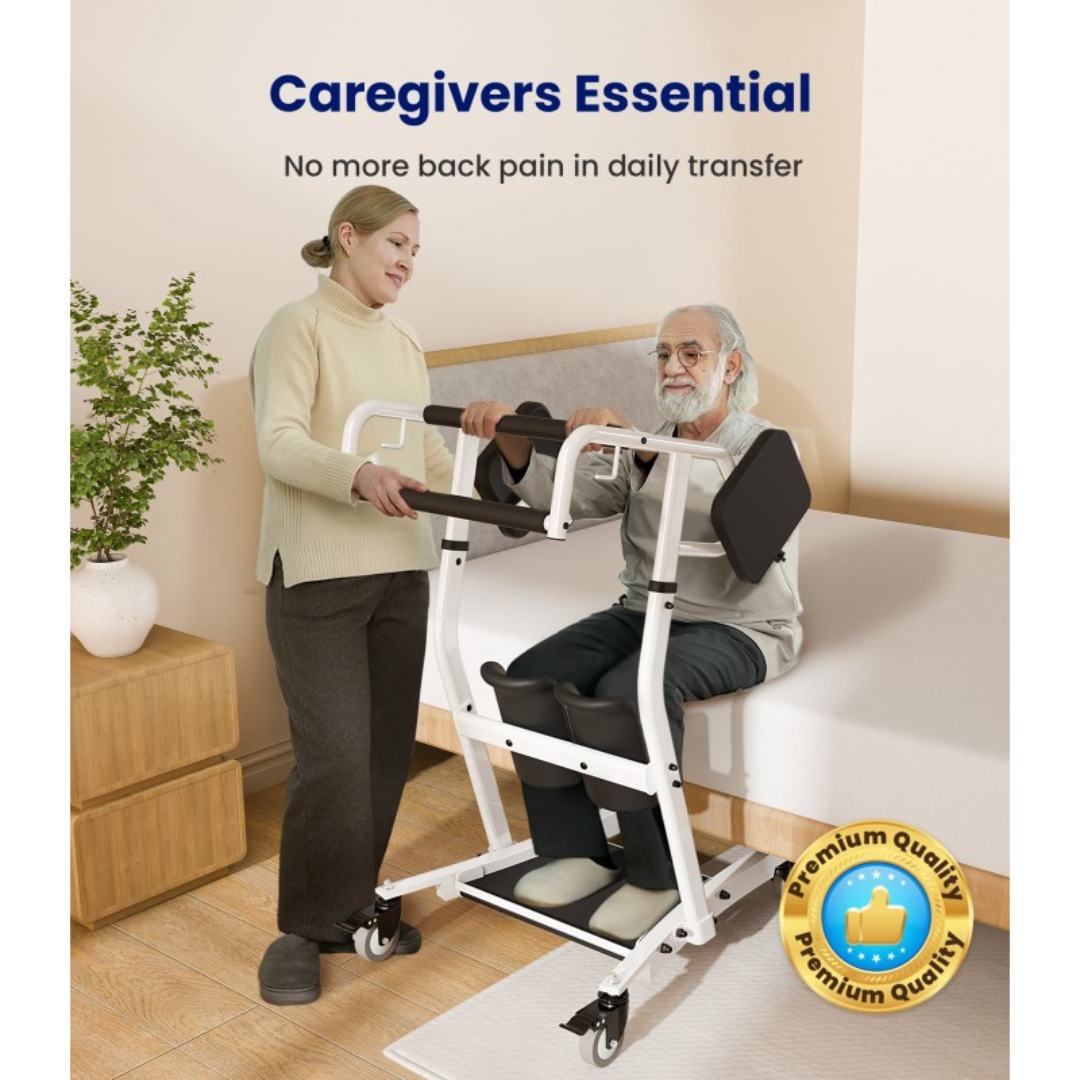 A caregiver helps an elderly man beside a bed using the Sit-To-Stand Transfer Device | AY03 VOCIC. Text reads: Caregivers Essential—No more back pain during daily transfers. A Premium Quality badge is displayed in the lower right corner.