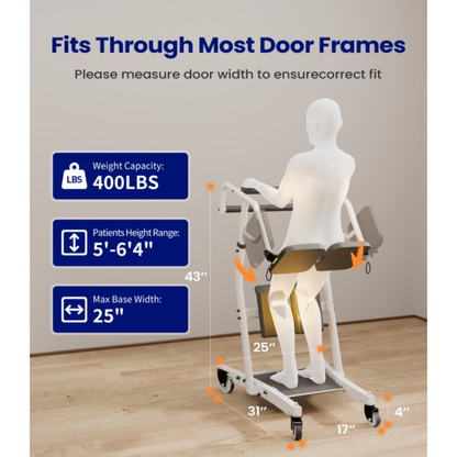 Diagram of the Sit-To-Stand Transfer Device | AY03 VOCIC illustrating its specifications: 400 lbs weight capacity, designed for patient transfer for users aged 5–64, with a maximum base width of 25 inches. The device dimensions are 43 inches in height, 31 inches in length, and an adjustable width ranging from 17 to 25 inches. A mannequin demonstrates safe and effective sit-to-stand assistance using the device.