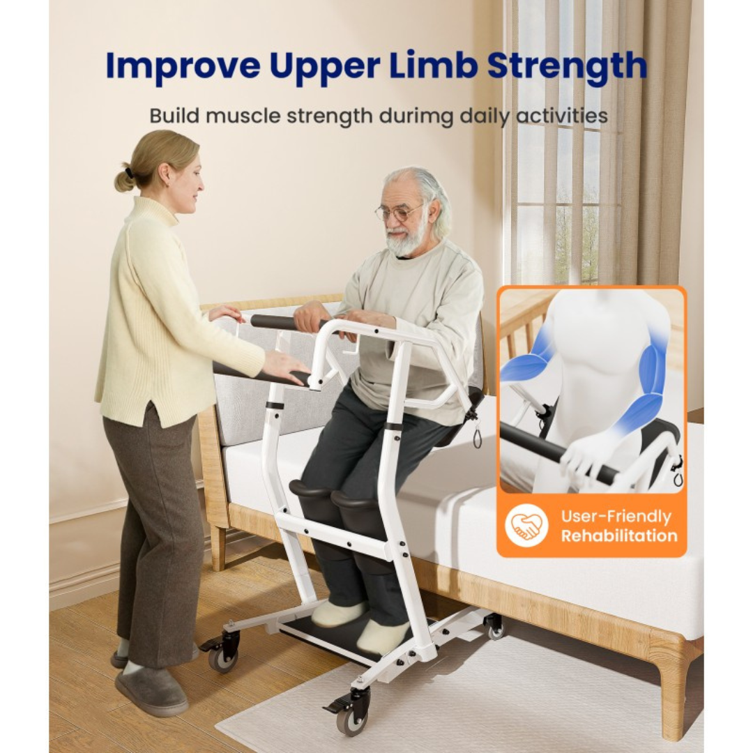 A woman assists an older man using the Sit-To-Stand Transfer Device | AY03 VOCIC by a bed. Text reads, Improve Upper Limb Strength. Build muscle strength during daily activities with this user-friendly transfer aid. An inset shows arm muscles and a User-Friendly Rehabilitation icon.