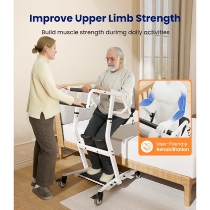 A woman assists an older man using the Sit-To-Stand Transfer Device | AY03 VOCIC by a bed. Text reads, Improve Upper Limb Strength. Build muscle strength during daily activities with this user-friendly transfer aid. An inset shows arm muscles and a User-Friendly Rehabilitation icon.