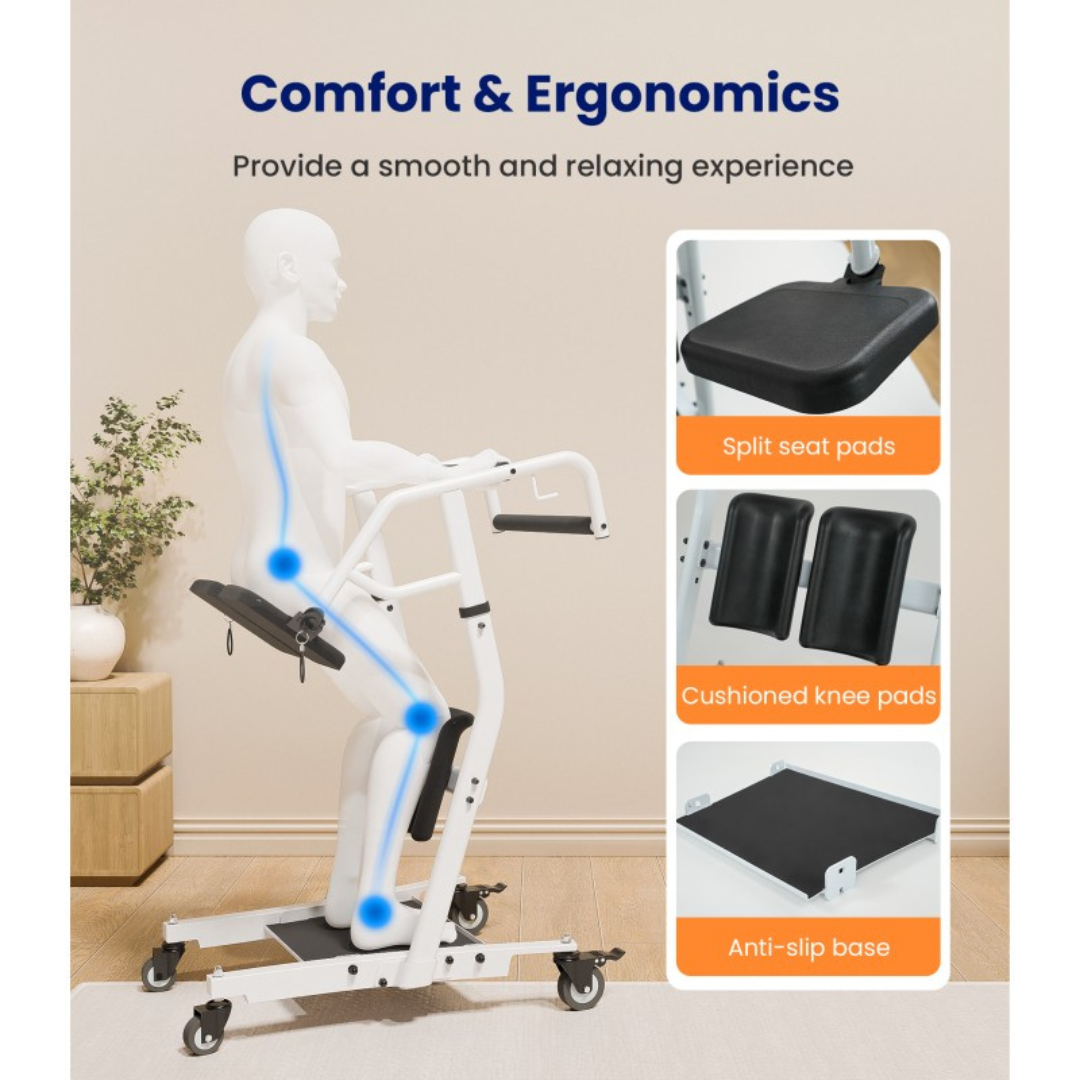 A white mannequin demonstrates the Sit-To-Stand Transfer Device | AY03 VOCIC, featuring split seat pads, cushioned knee pads, and an anti-slip base; ergonomic highlights and comfort points are marked for optimal patient transfer.