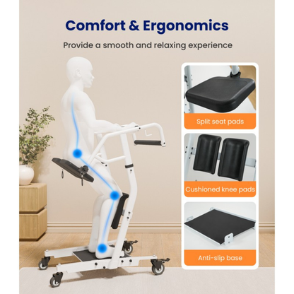 A white mannequin demonstrates the Sit-To-Stand Transfer Device | AY03 VOCIC, featuring split seat pads, cushioned knee pads, and an anti-slip base; ergonomic highlights and comfort points are marked for optimal patient transfer.