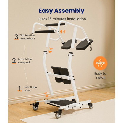 Sit-To-Stand Transfer Device | AY03 VOCIC in white with black padding is displayed in three assembly steps: 1) Install the base, 2) Attach the kneepad, 3) Tighten the handlebars. Text emphasizes an easy 15-minute installation for seamless patient transfers.