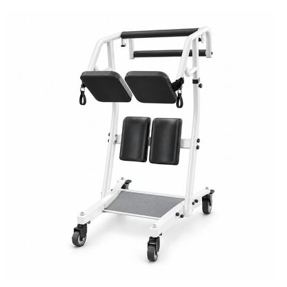 A white and black Sit-To-Stand Transfer Device | AY03 VOCIC features padded supports and four wheels, designed to assist individuals with standing or walking by providing safe and comfortable patient transfer support.