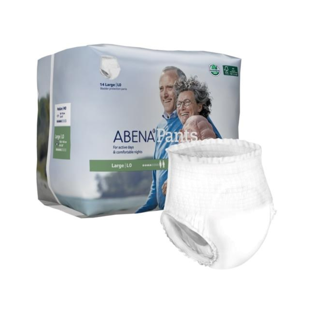 Abena Pants Premium - Light Premium Unisex Protective Underwear (Level 0) for moderate incontinence, size large, with packaging showing a smiling older couple and an unfolded brief displayed in front.