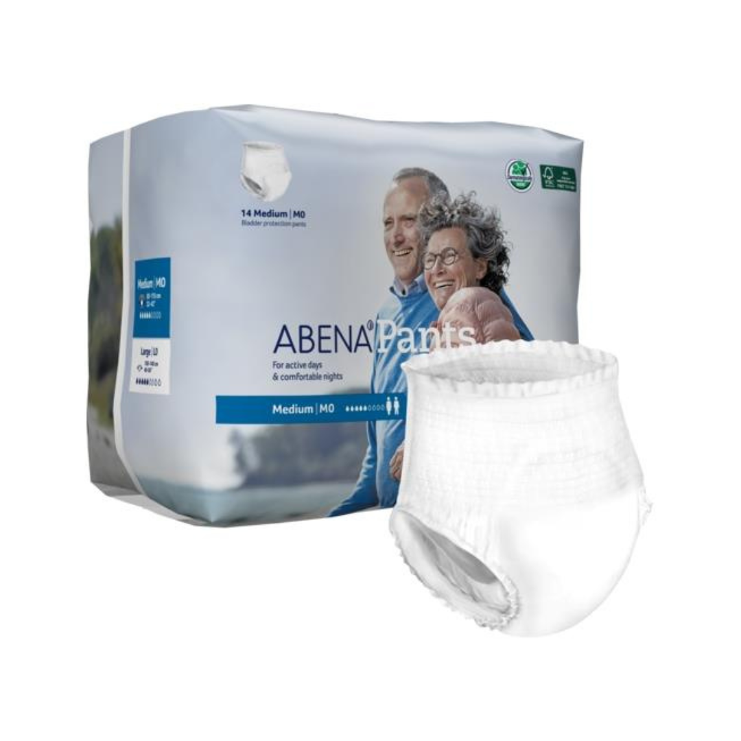 A pack of Abena Pants Premium - Light Premium Unisex Protective Underwear, Level 0, medium size for moderate incontinence. The packaging shows a smiling elderly couple, with one pull-up underwear displayed in front.