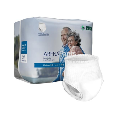 A pack of Abena Pants Premium - Light Premium Unisex Protective Underwear, Level 0, medium size for moderate incontinence. The packaging shows a smiling elderly couple, with one pull-up underwear displayed in front.