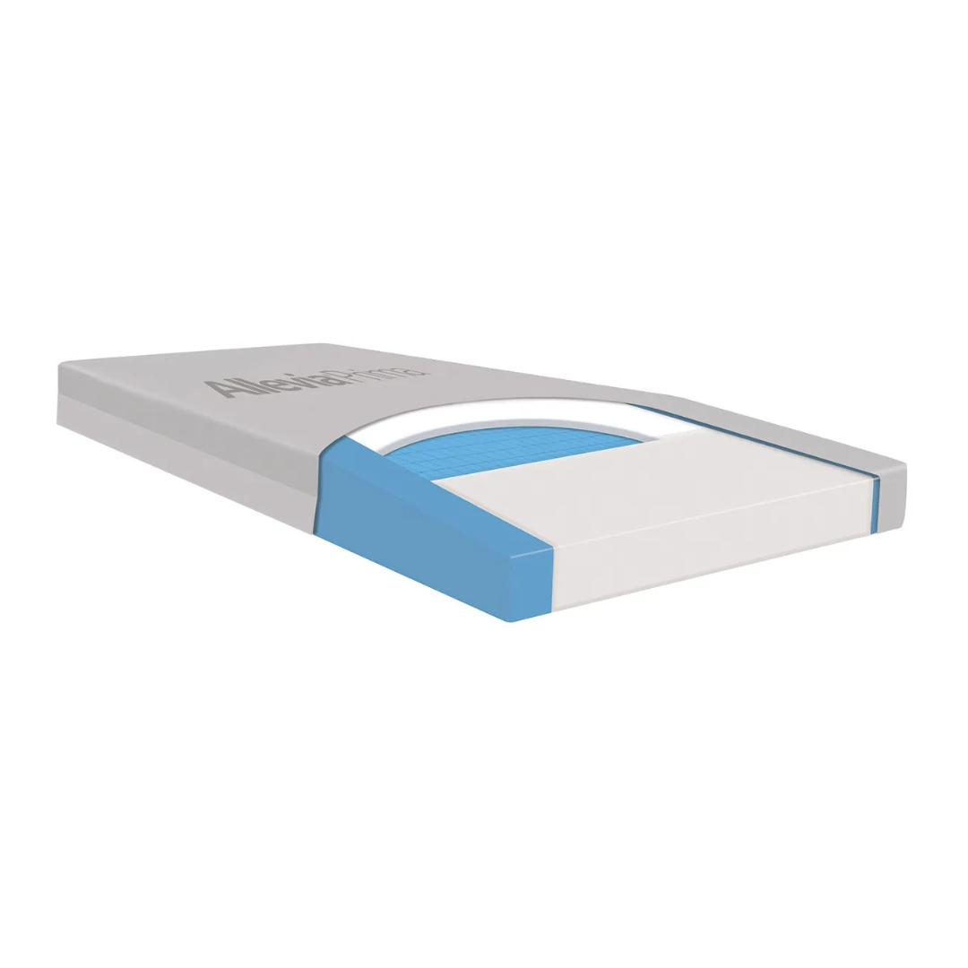 The Accora Allevia Prima Support Surface is a rectangular mattress with blue and white layers and a gray top, displayed at an angle on a white background. Its visible multi-layered design enhances comfort and support.