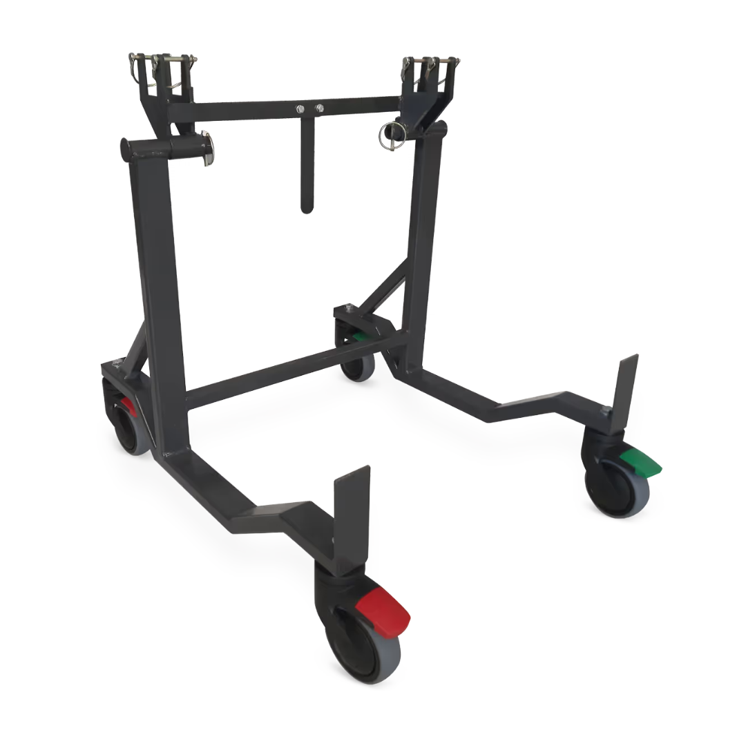 The Bed Mover for Accora Empresa® Beds is a black metal rolling stand with four caster wheels (two with red and green brakes), a rectangular frame, angled supports, and top hooks for safe patient mobility.