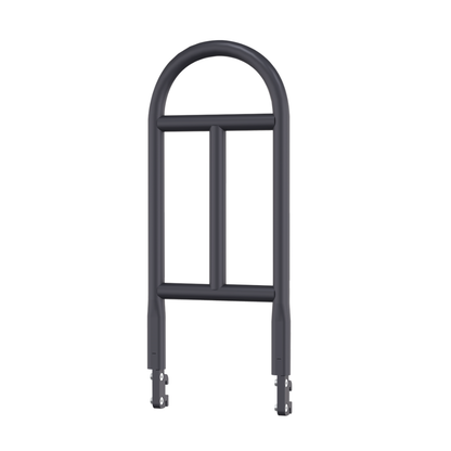 The Short Stand-Assist Bar for Accora FloorBed is a black metal U-shaped bar with two horizontal supports and base mounting brackets, designed to provide safe transfers and improved stability.