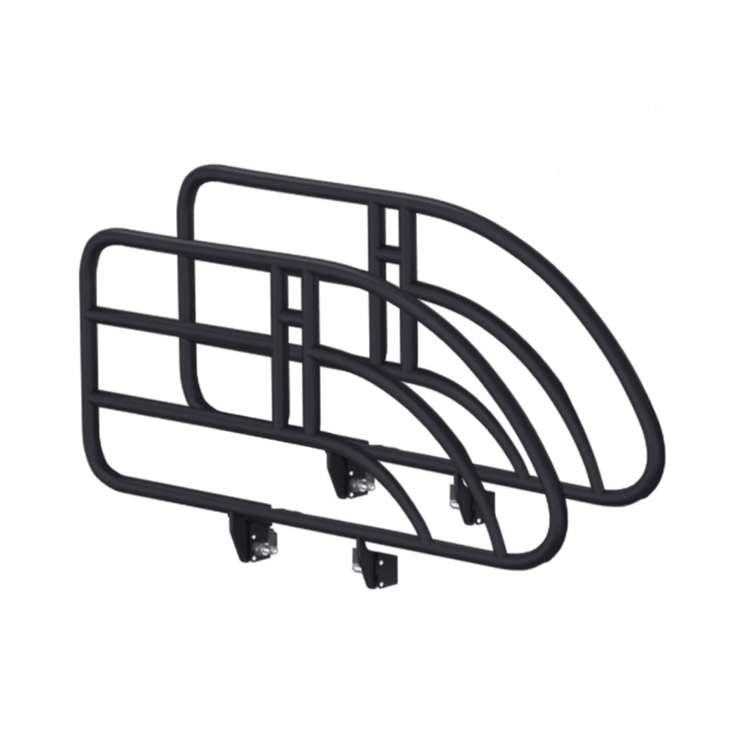 The Long Assist Bar Side Rails for Accora Empresa Beds are black metal rails with curved and straight bars, designed to mount on bed sides for support and protection, enhancing stability and safety during transfers.