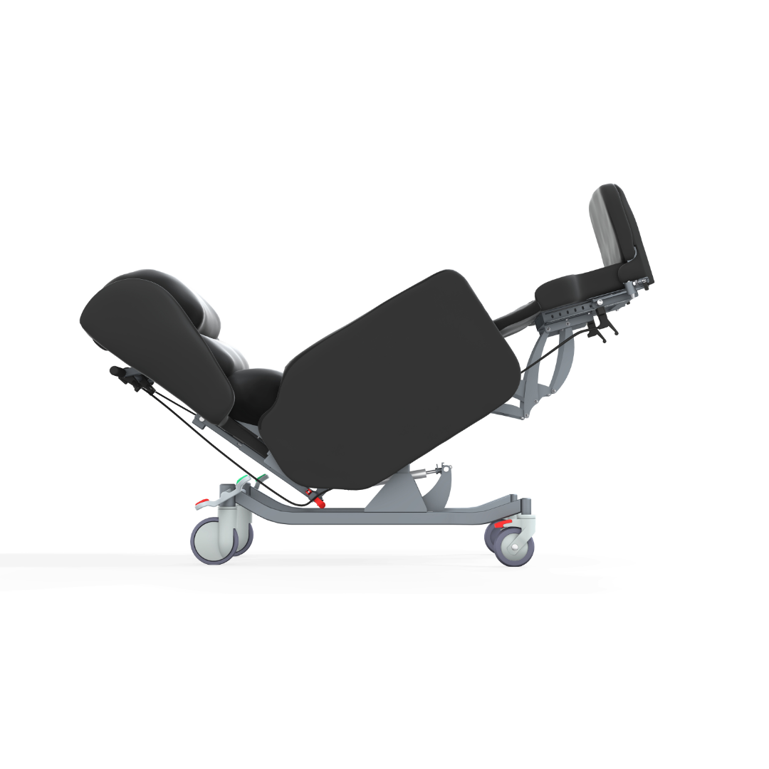 The Accora Configura® Advance Postural Tilt Chair, shown in black with padded sections and wheels, is displayed in a reclined position on a white background.