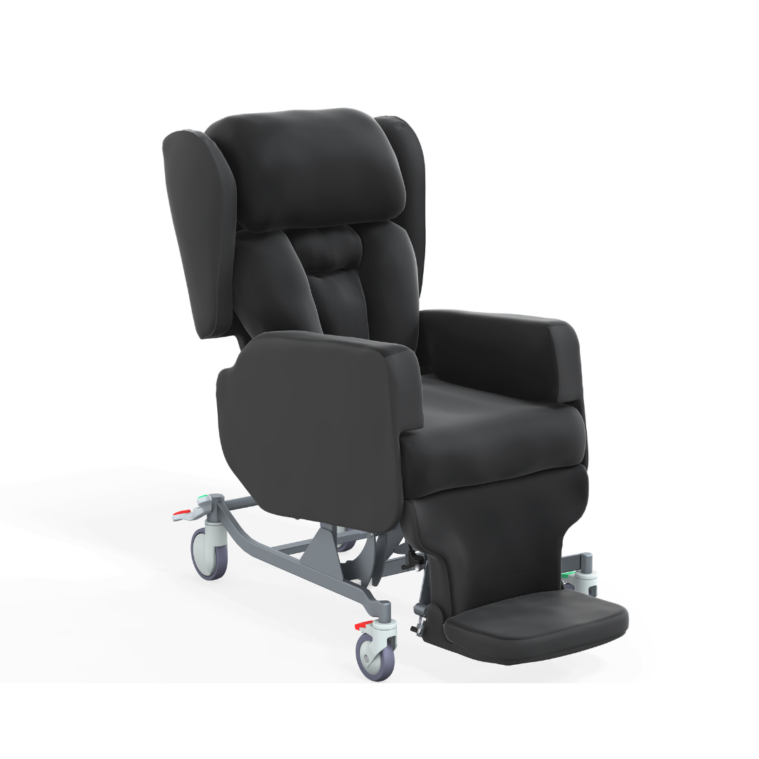 The Accora Configura® Advance Postural Tilt Chair is a black, padded medical recliner with armrests, a high back, footrest, and four lockable wheels for mobility. It features a sturdy metal frame for secure postural care and adaptability.