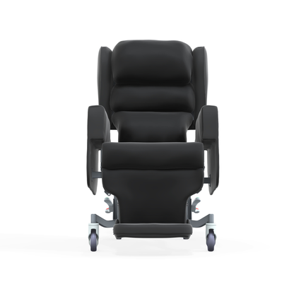 The Accora Configura® Advance Postural Tilt Chair is a black padded medical recliner with armrests, leg rest, and wheels, shown from the front on a white background—designed for comfort, mobility, and adaptable postural support.