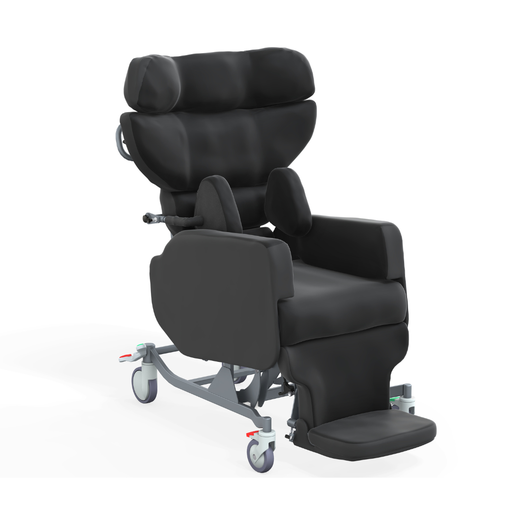 The Accora Configura® Advance Postural Tilt Chair is a black, padded chair with adjustable headrest, side supports, armrests, leg rest, and wheels for comfort and mobility assistance.