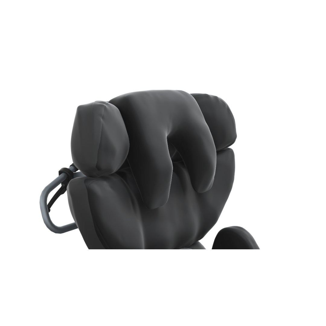 A close-up of a black padded headrest with side supports and a U-shaped cushion, attached to the Accora Configura® Advance Postural Tilt Chair.