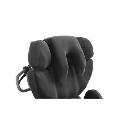 A close-up of a black padded headrest with side supports and a U-shaped cushion, attached to the Accora Configura® Advance Postural Tilt Chair.