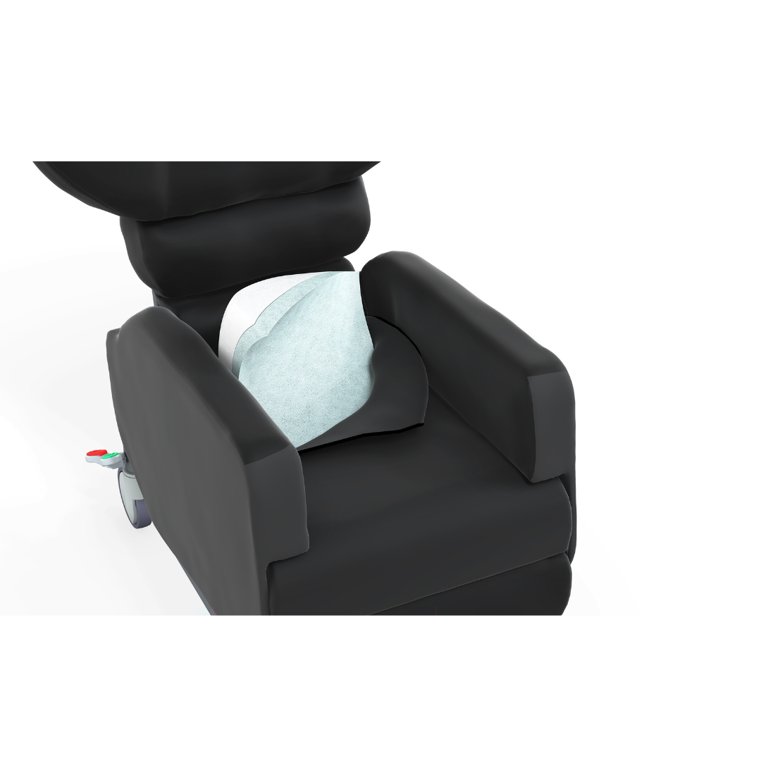 A black Accora Configura® Advance Postural Tilt Chair with a light blue absorbent pad on the seat, partially covering the backrest and seat area.