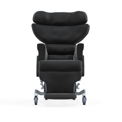 The Accora Configura® Advance Postural Tilt Chair is a modern black high-back recliner with armrests, head support, and four caster wheels, designed for adaptable postural care and shown from the front against a white background.