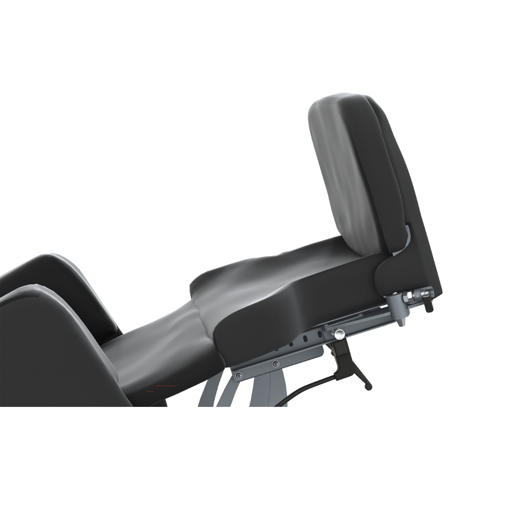 A close-up of the Accora Configura® Advance Postural Tilt Chair in black, showing its cushioned backrest and seat, partially reclined on a sturdy metal frame.