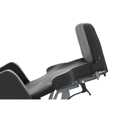 A close-up of the Accora Configura® Advance Postural Tilt Chair in black, showing its cushioned backrest and seat, partially reclined on a sturdy metal frame.