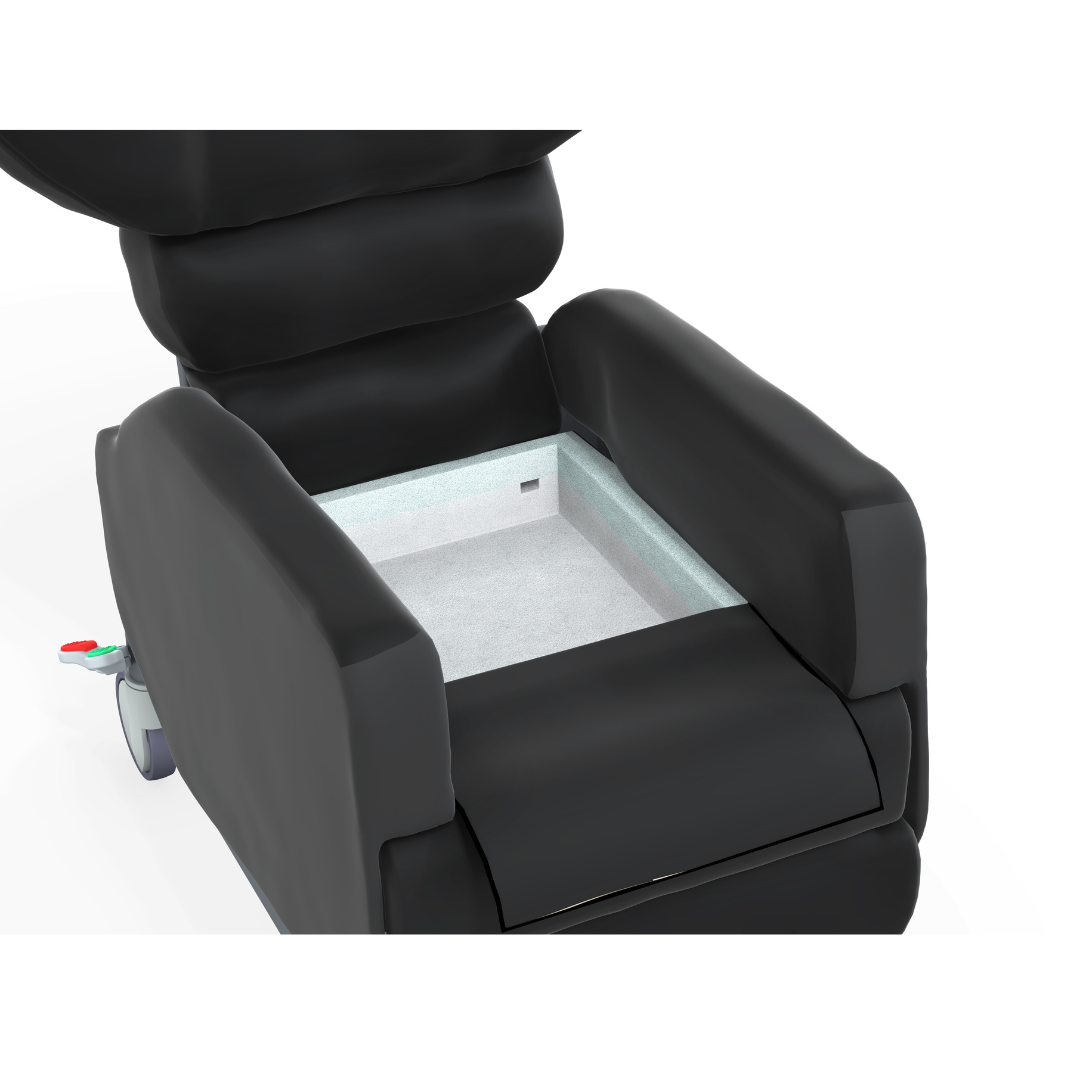 The Accora Configura® Advance Postural Tilt Chair in black is shown with the seat cushion removed, revealing its built-in empty storage compartment.