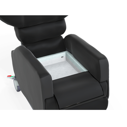 The Accora Configura® Advance Postural Tilt Chair in black is shown with the seat cushion removed, revealing its built-in empty storage compartment.