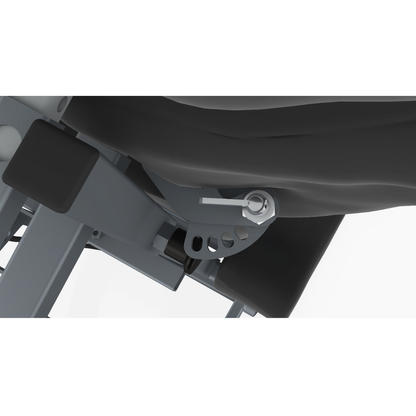 Close-up of a gym bench adjustment mechanism with a metal lever and notched plate for seat positioning, resembling the adaptable design of the Accora Configura® Advance Postural Tilt Chair, with cushioned surfaces in view.