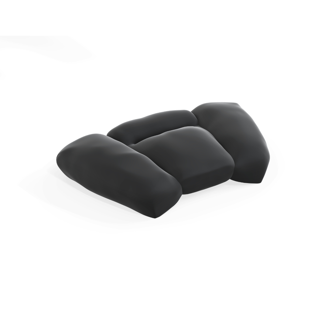 Three black, cushion-like objects arranged side by side on a white background—ideal components for the Accora Configura® Advance Postural Tilt Chair, designed to enhance comfort and postural support.
