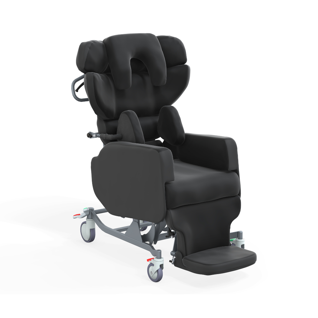 The Accora Configura® Advance Postural Tilt Chair is a black, padded recliner with adjustable headrest, armrests, footrest, and wheels for easy mobility, designed for patient comfort and adaptable postural support.