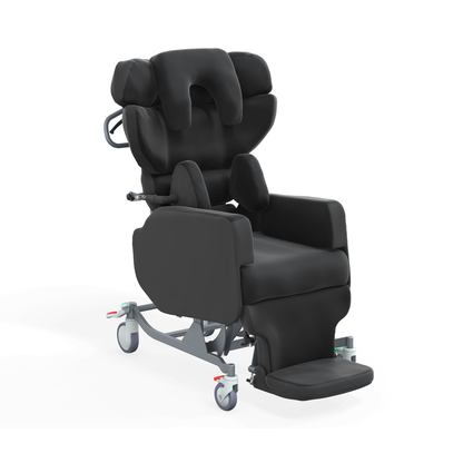 The Accora Configura® Advance Postural Tilt Chair is a black, padded recliner with adjustable headrest, armrests, footrest, and wheels for easy mobility, designed for patient comfort and adaptable postural support.