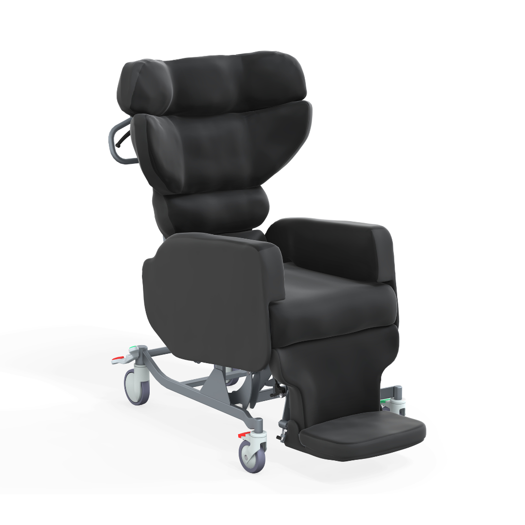 The Accora Configura® Advance Postural Tilt Chair, shown in black with armrests, head support, footrest, and wheels for easy mobility, offers adaptable comfort and support. Displayed against a white background.