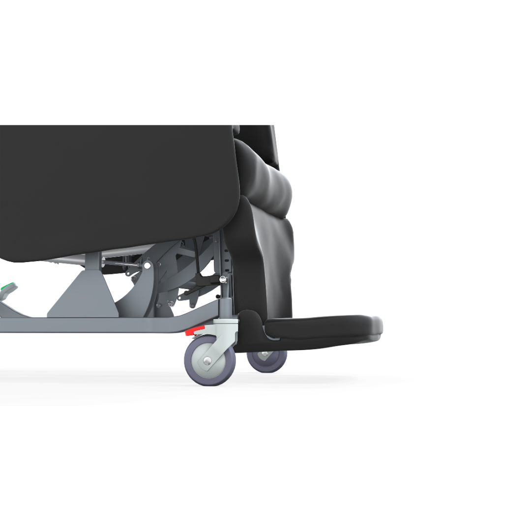 Partial side view of a black Accora Configura® Advance Postural Tilt Chair on wheels, featuring a metal frame, gray caster wheel, and extended footrest against a white background.