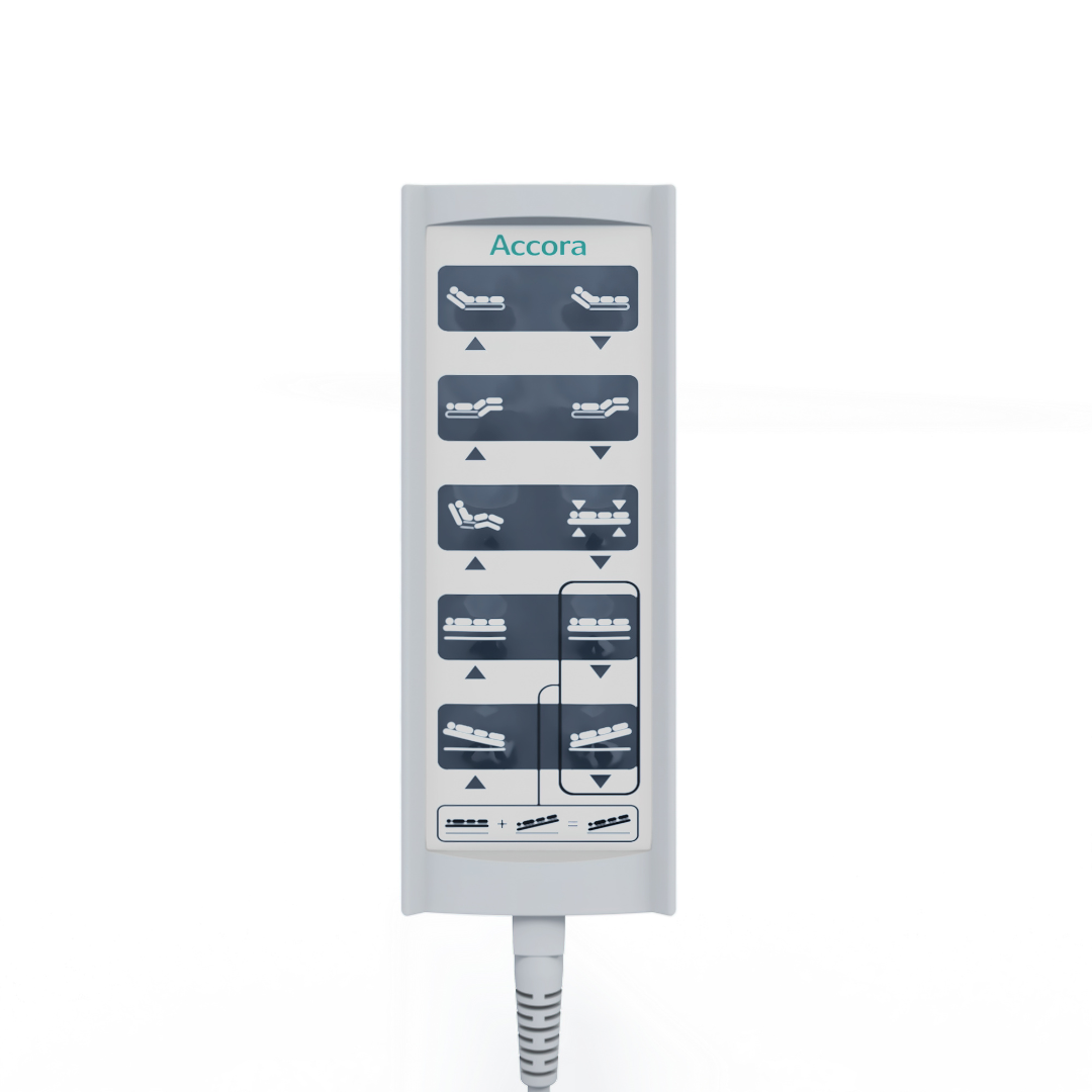 A rectangular remote labeled Accora, made for the Accora Contesa® FloorBed® Hi/Low Full Electric Bed, has buttons with icons to adjust various sections—an ideal fall-prevention solution for hospital or adjustable beds.