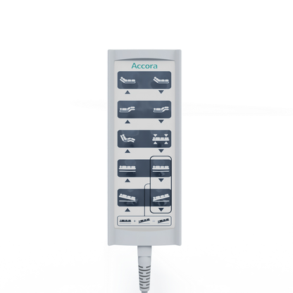 A rectangular remote labeled Accora, made for the Accora Contesa® FloorBed® Hi/Low Full Electric Bed, has buttons with icons to adjust various sections—an ideal fall-prevention solution for hospital or adjustable beds.