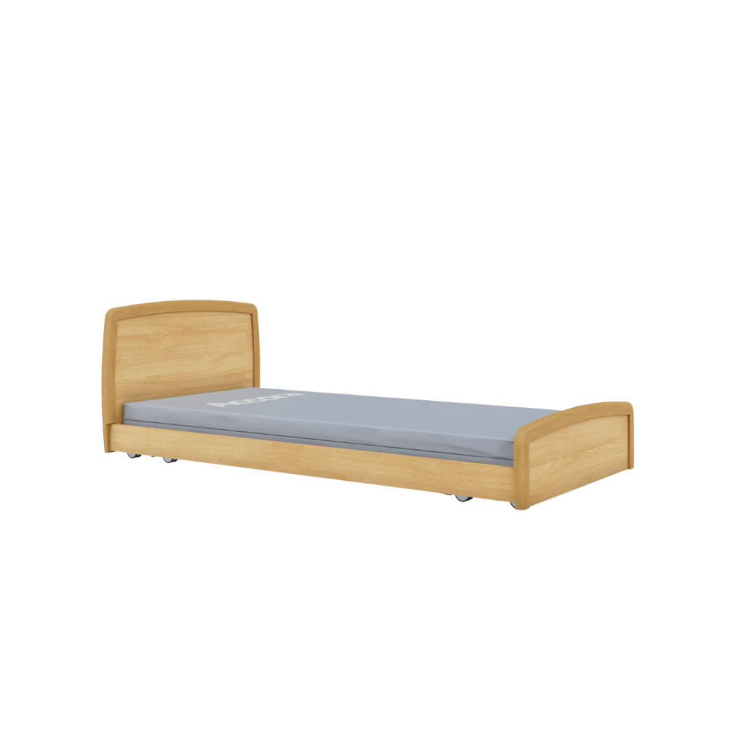 The Accora Contesa® FloorBed® Hi/Low Full Electric Bed, with a light brown wooden frame, headboard, footboard, and light blue mattress, is shown against a plain white background. Its design prioritizes fall prevention.