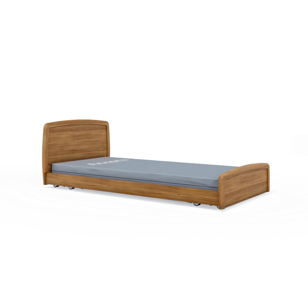 A wooden single bed frame with headboard and footboard, topped with a light blue mattress. Its simple, modern design is like the Accora Contesa® FloorBed® Hi/Low Full Electric Bed, ideal for enhanced safety and fall prevention.