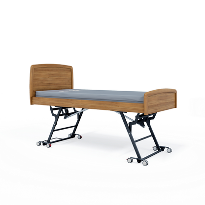 The Accora Contesa® FloorBed® Hi/Low Full Electric Bed features a modern wooden frame, gray mattress, and black metal wheeled base, shown isolated on a white background.