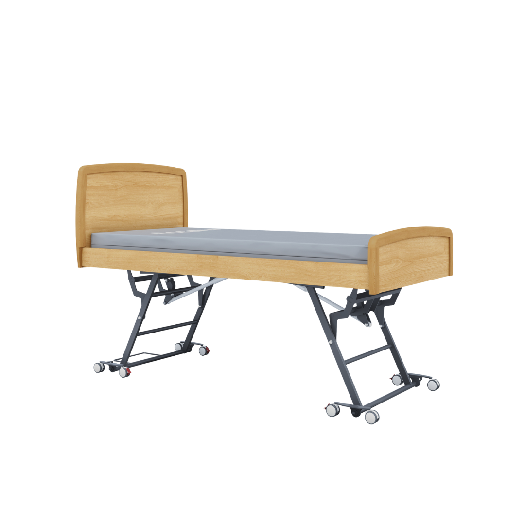 The Accora Contesa® FloorBed® Hi/Low Full Electric Bed has a wooden headboard/footboard, gray mattress, sturdy wheeled frame, and adjustable height—ideal as a fall-prevention bed in healthcare settings.