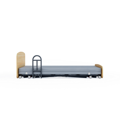 The Accora Contesa® FloorBed® Hi/Low Full Electric Bed, shown with a light wood headboard and footboard, gray mattress, black side rails, and wheels on a white background, provides an effective fall-prevention solution for patient safety.