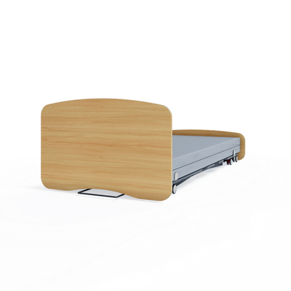 The Accora Contesa® FloorBed® Hi/Low Full Electric Bed features a low profile, wood headboard and footboard, grey mattress, and wheels—shown on a white background. It’s an ideal fall-prevention solution.