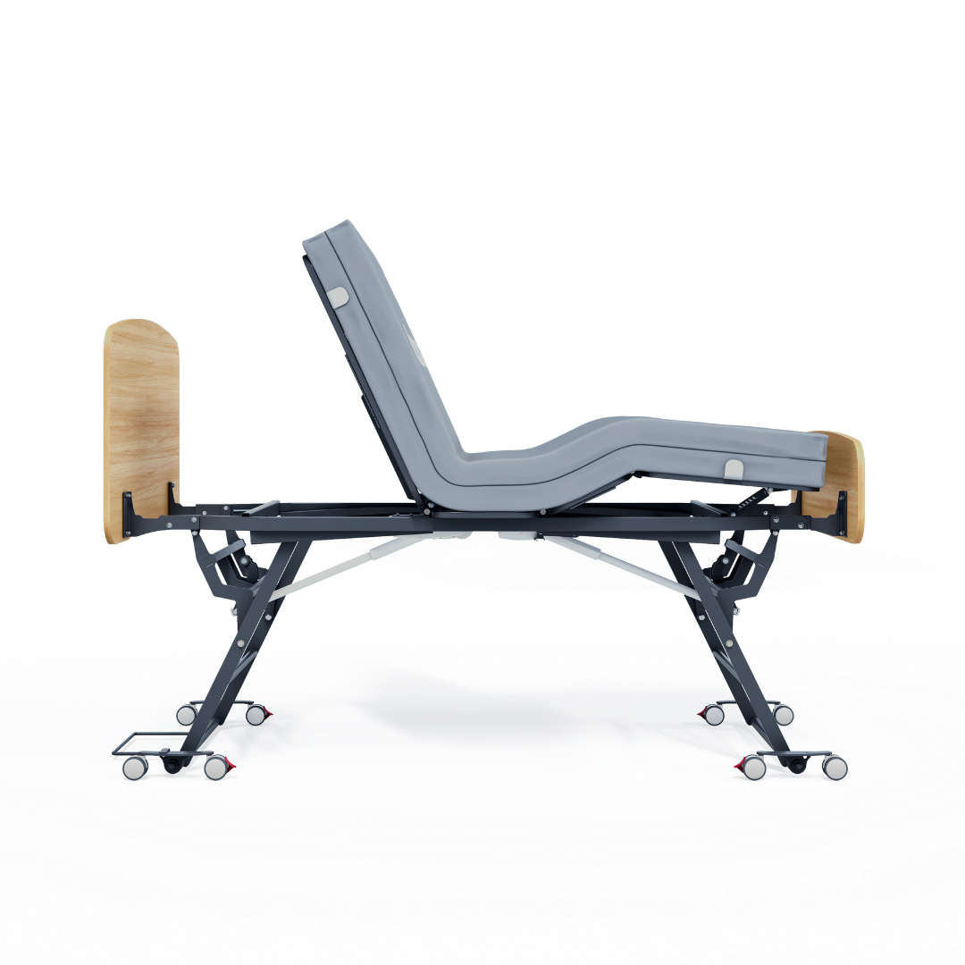 The Accora Contesa® FloorBed® Hi/Low Full Electric Bed features a gray mattress, wooden headboard and footboard, and a black metal frame on wheels, shown with raised backrest and knee-bend against a white background.