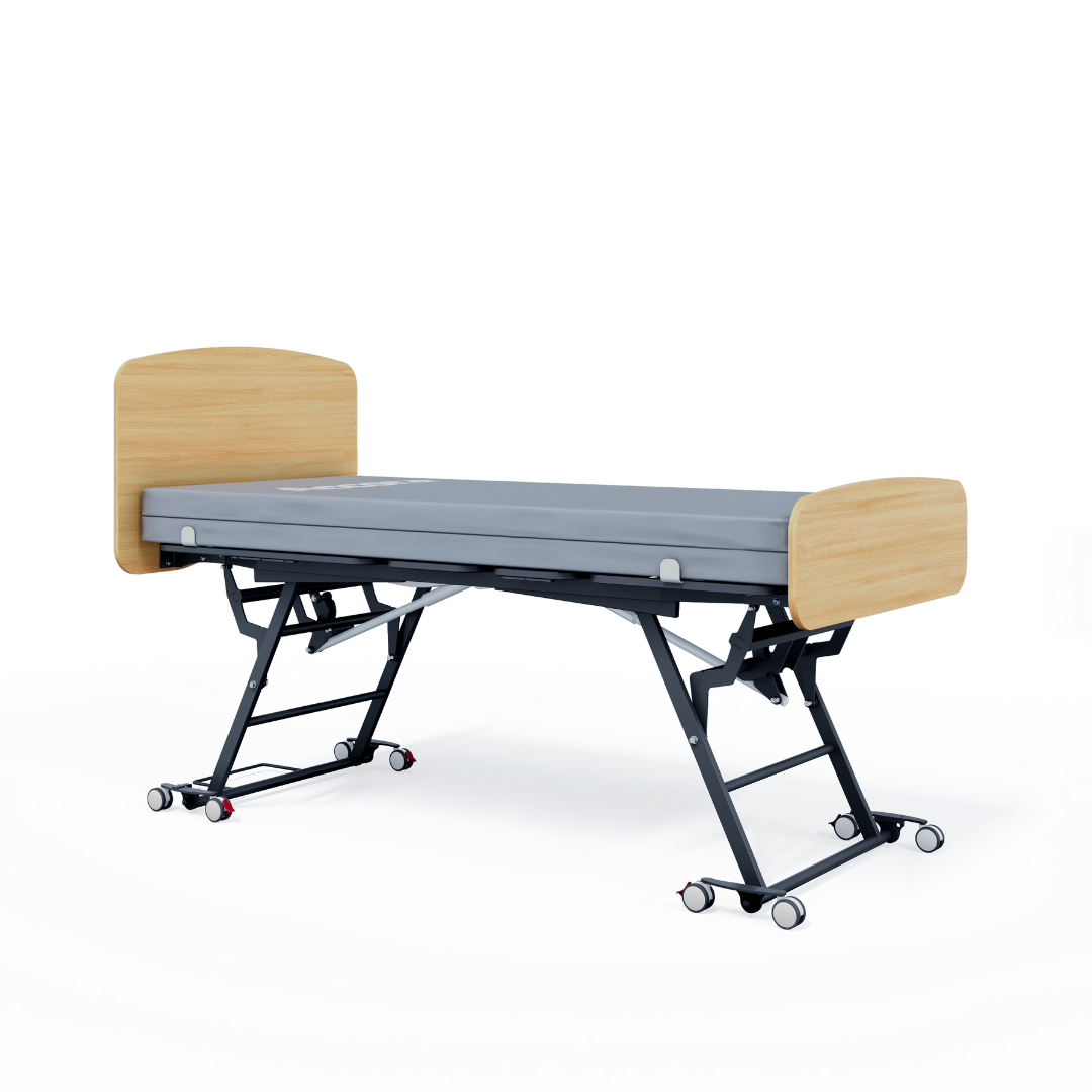 The Accora Contesa® FloorBed® Hi/Low Full Electric Bed features wooden head and footboards, a gray mattress, and a black wheeled frame—delivering stylish fall prevention against a white background.