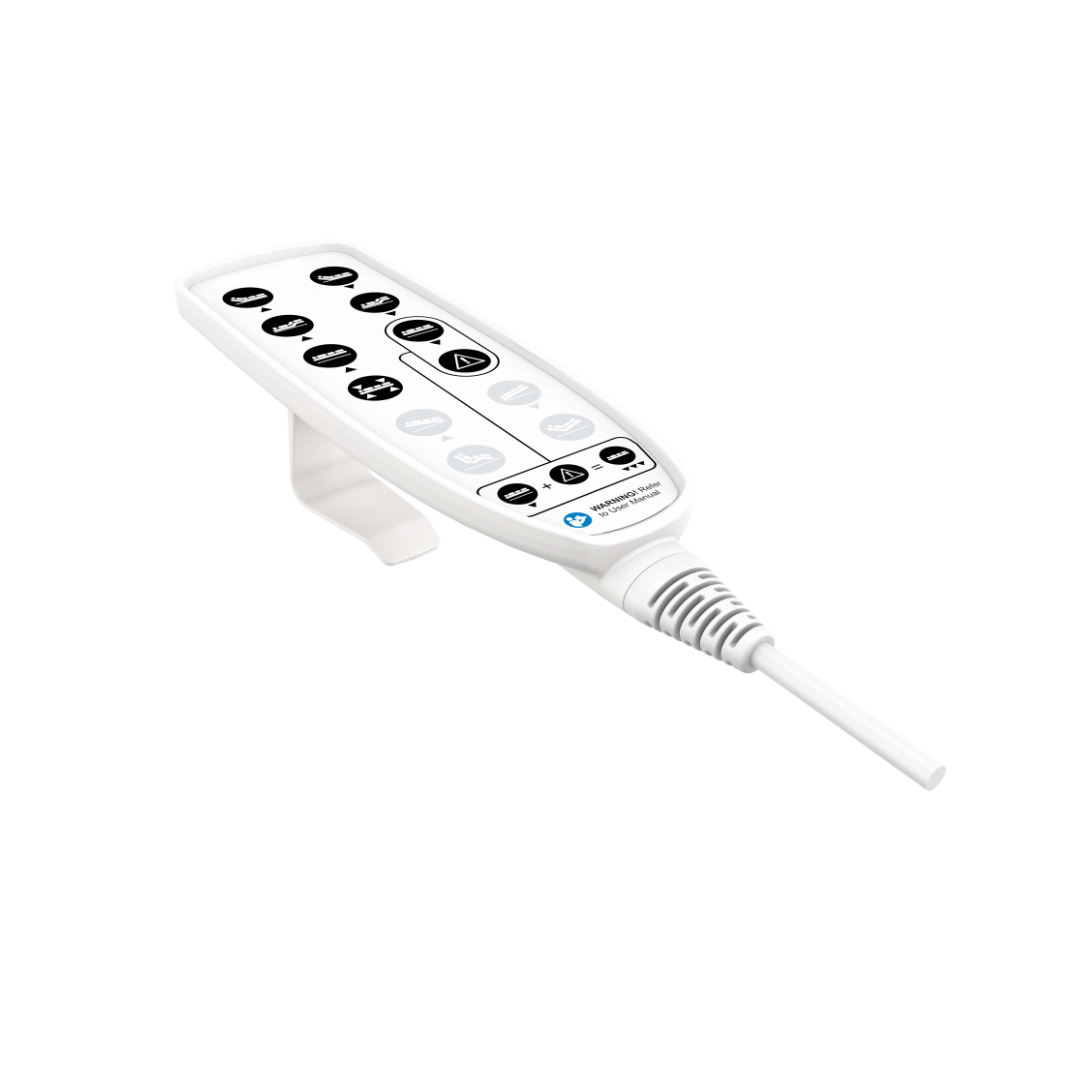 The Accora Empresa® Full Electric Bariatric FloorBed® comes with a white handheld remote featuring a coiled cord and black and gray buttons, making it easy to adjust multiple bed functions for user convenience.
