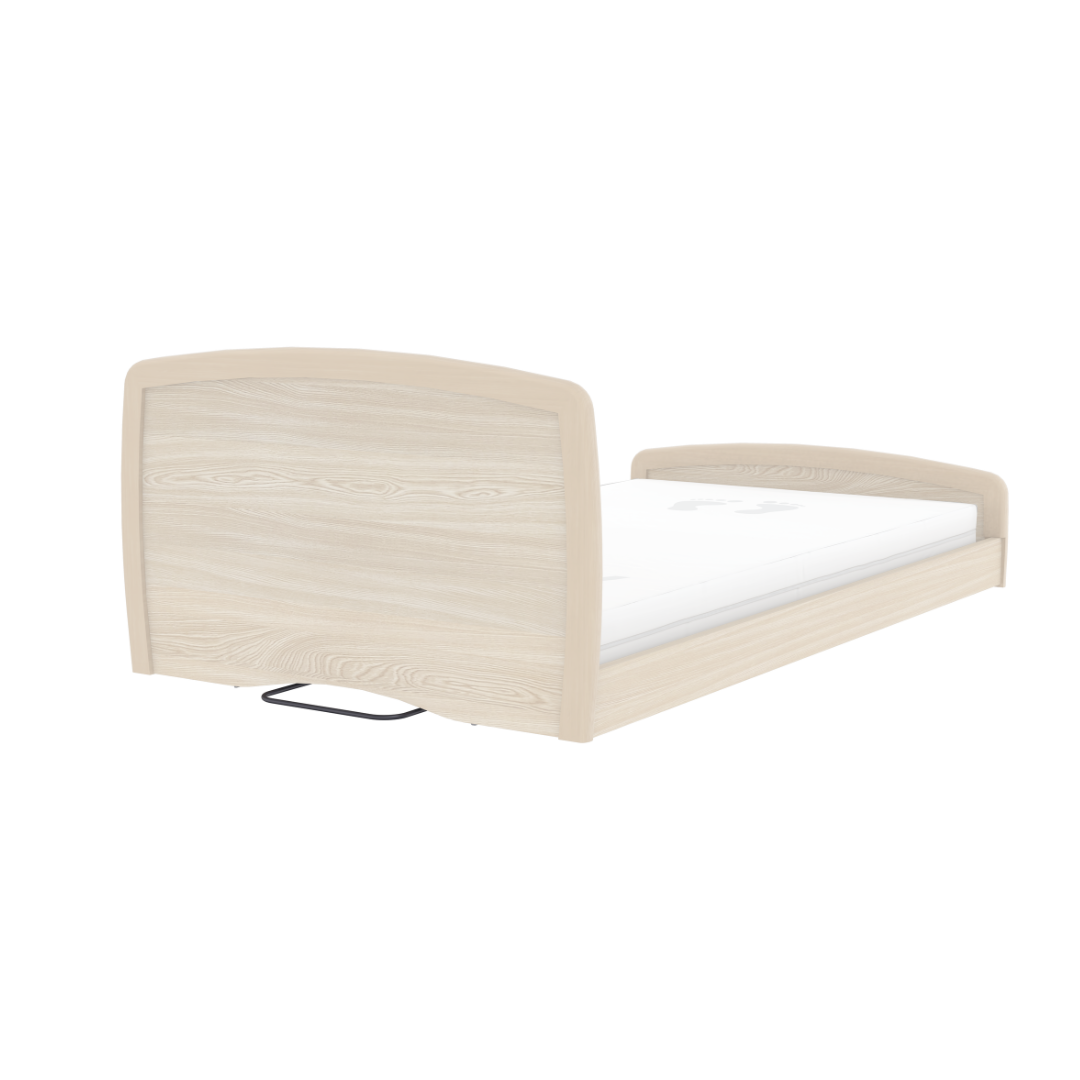 The Accora Empresa® Full Electric Bariatric FloorBed® features a light wood frame, low headboard, and footboard. Its plain white mattress enhances the minimalist look—ideal for modern bedrooms. Shown from an angled rear view against a white background.