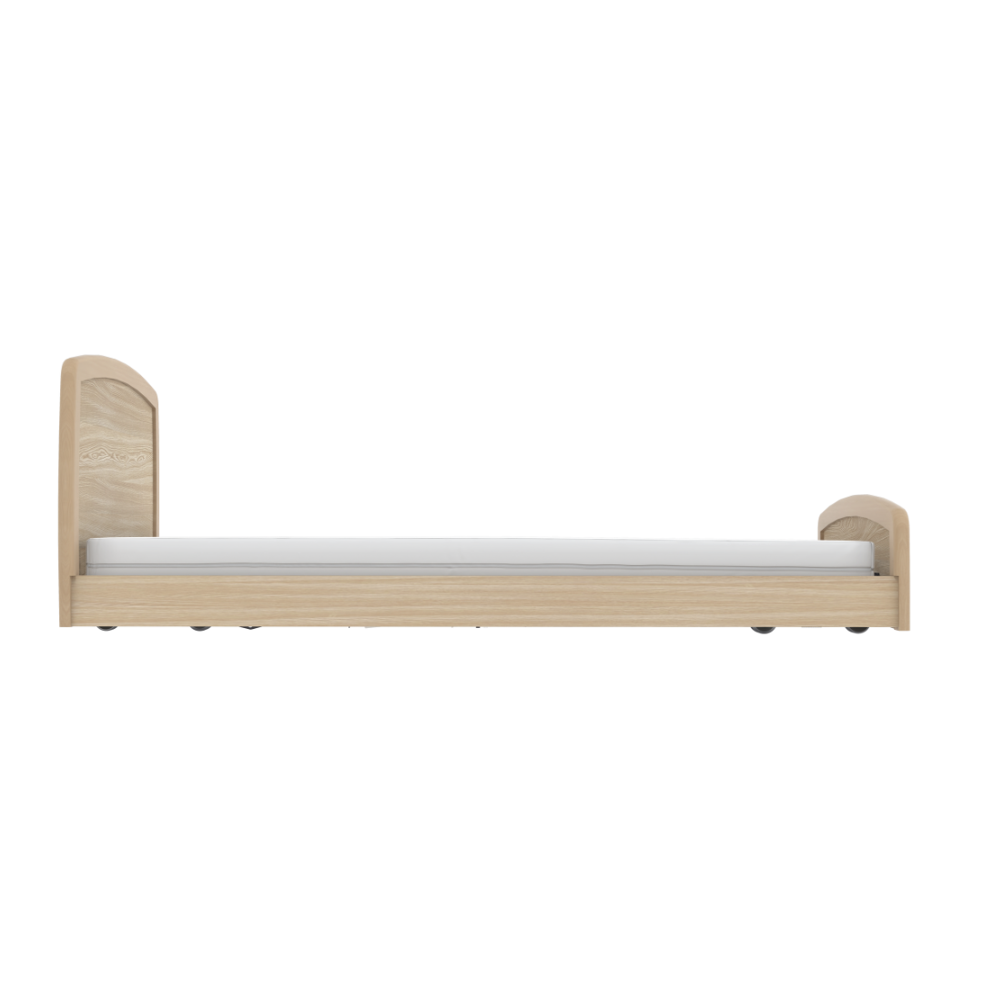 The Accora Empresa® Full Electric Bariatric FloorBed® features a low, light wood frame with a simple headboard and footboard, supporting a flat white mattress in a side view—ideal for minimalist or modern bedroom décor.