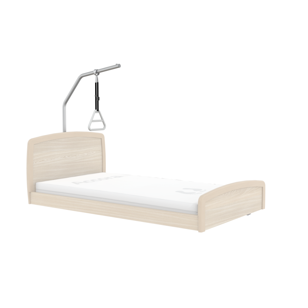 A Trapeze Self-Assist Pole for Accora Beds is mounted over a light wood Accora Empresa bed with a white mattress, all shown against a white background.
